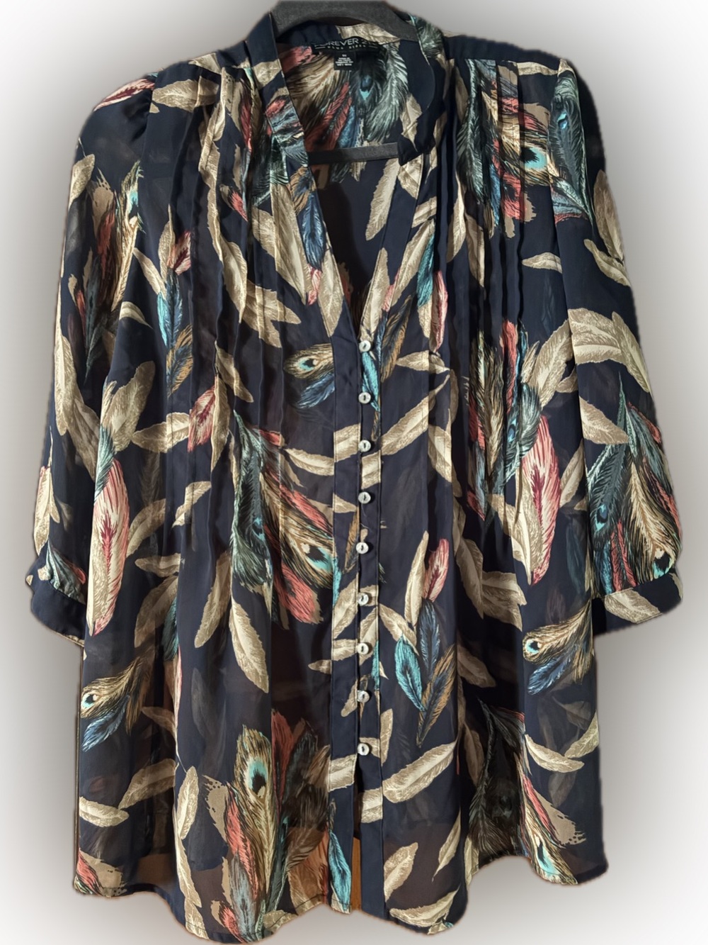 Forever 21 Navy Multicolor Feather Print Top